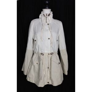 LOFT Anorak Jacket Womens Small Utility Tan Hood Full Zip Button‎ Linen Blend